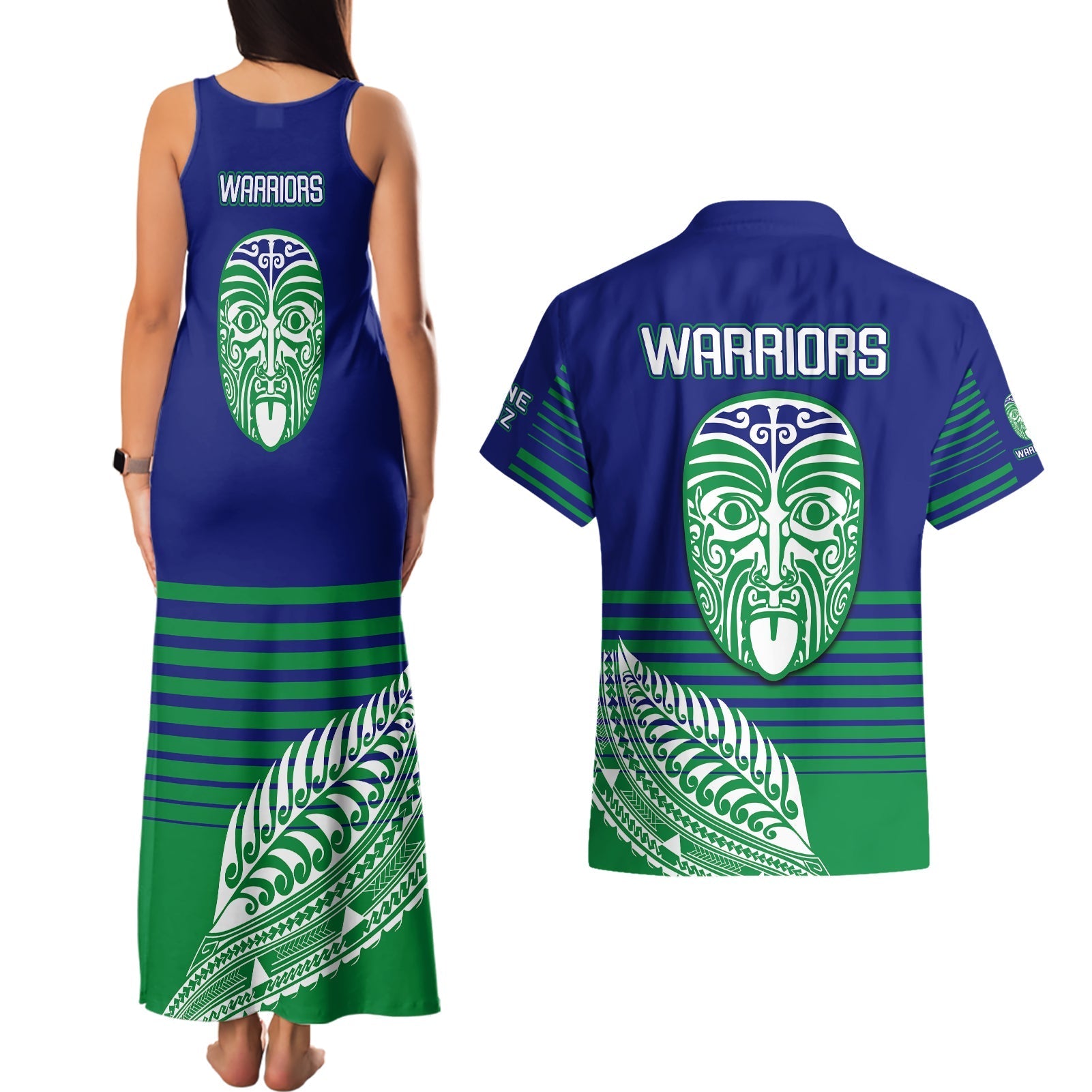 warriors-new-zealand-rugby-couples-matching-tank-maxi-dress-and-hawaiian-shirt-maori-face-ta-moko-simple-style