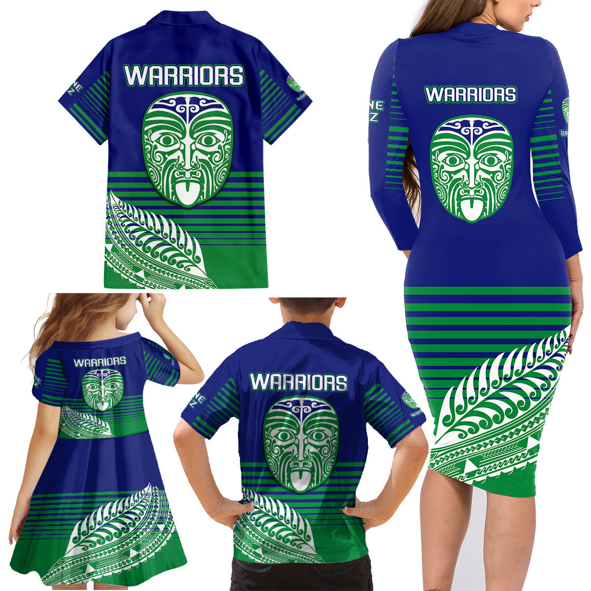 warriors-new-zealand-rugby-family-matching-long-sleeve-bodycon-dress-and-hawaiian-shirt-maori-face-ta-moko-simple-style