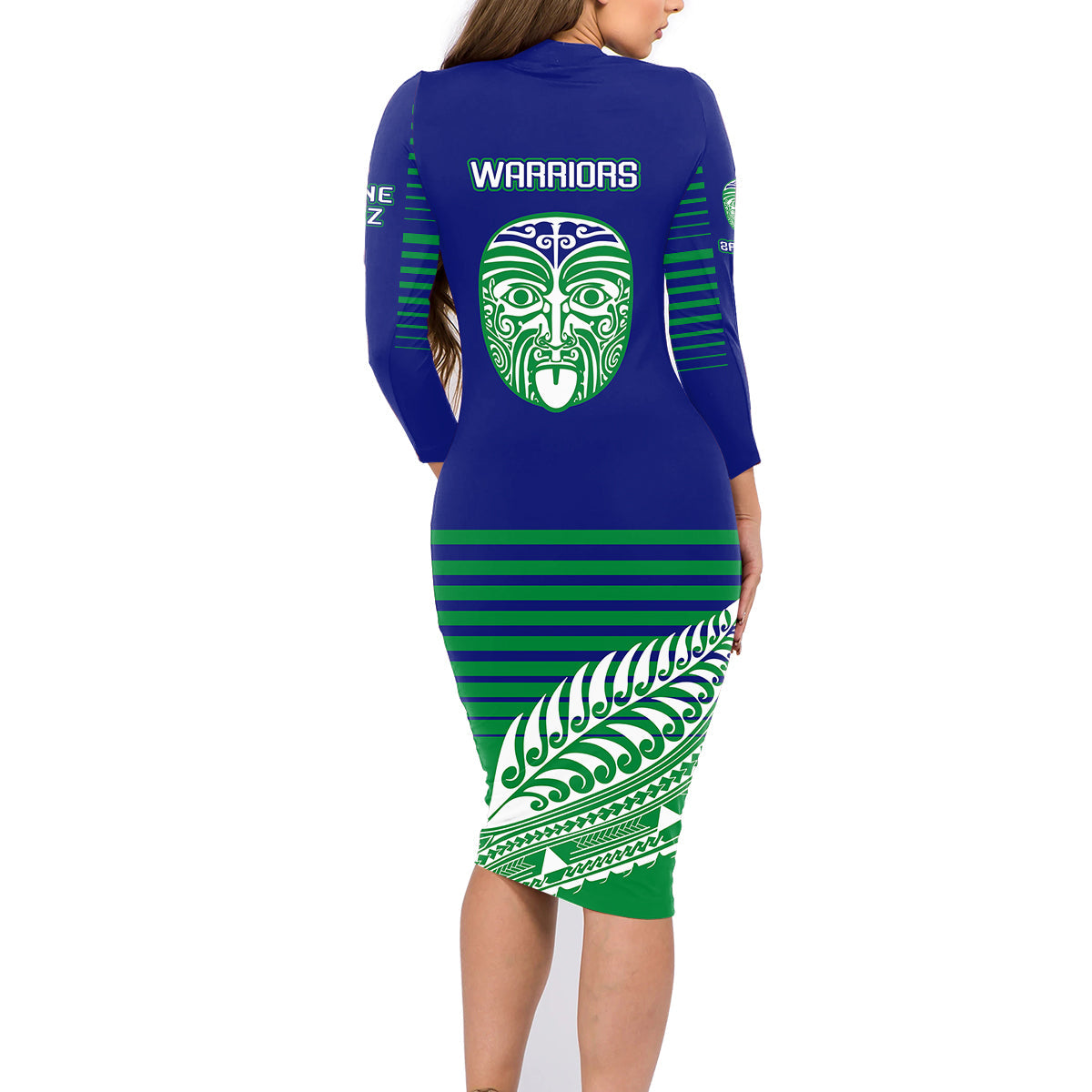 warriors-new-zealand-rugby-family-matching-long-sleeve-bodycon-dress-and-hawaiian-shirt-maori-face-ta-moko-simple-style