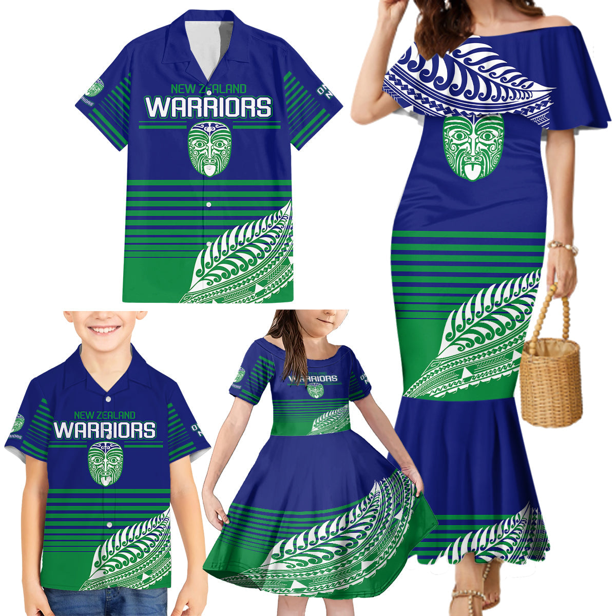 warriors-new-zealand-rugby-family-matching-mermaid-dress-and-hawaiian-shirt-maori-face-ta-moko-simple-style