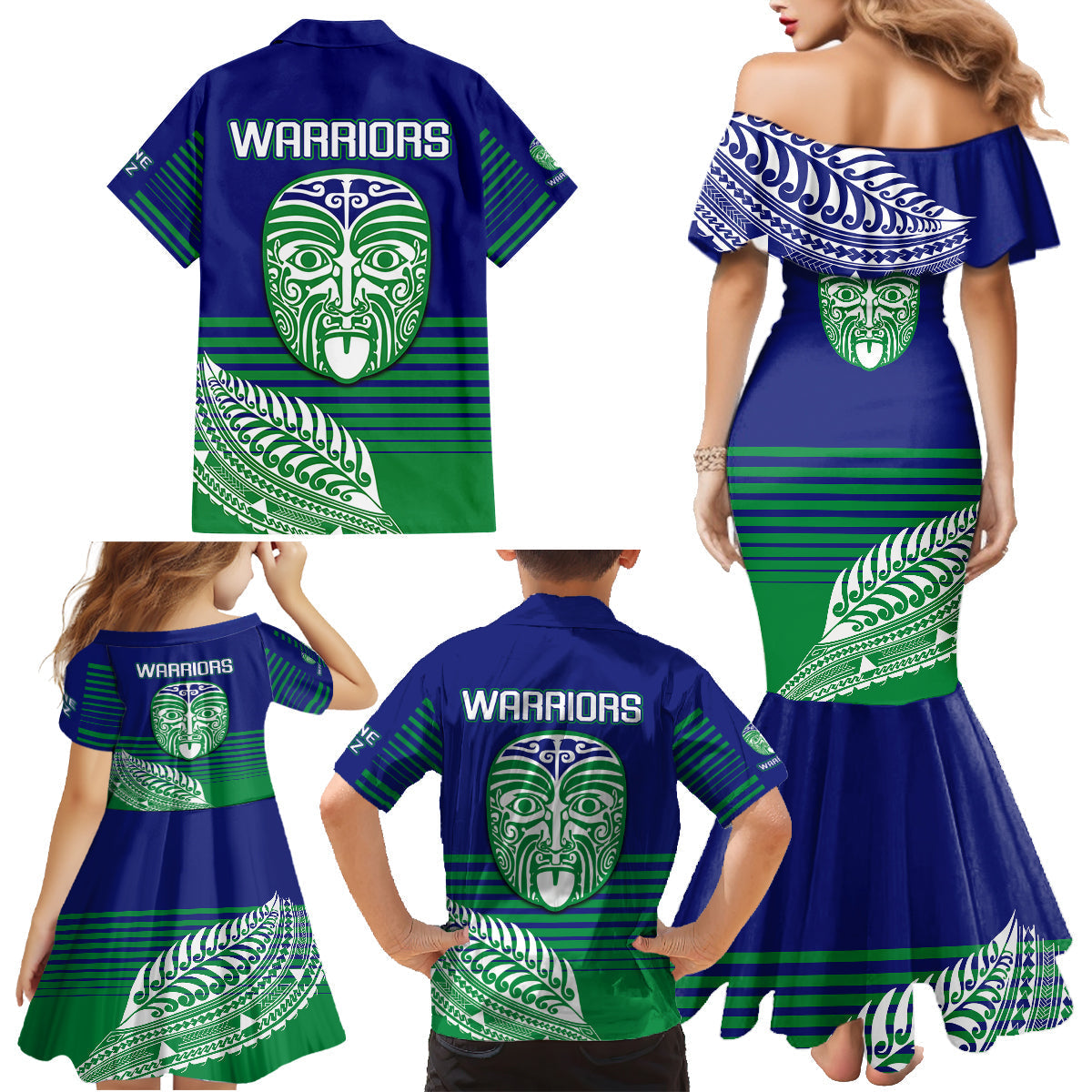 warriors-new-zealand-rugby-family-matching-mermaid-dress-and-hawaiian-shirt-maori-face-ta-moko-simple-style