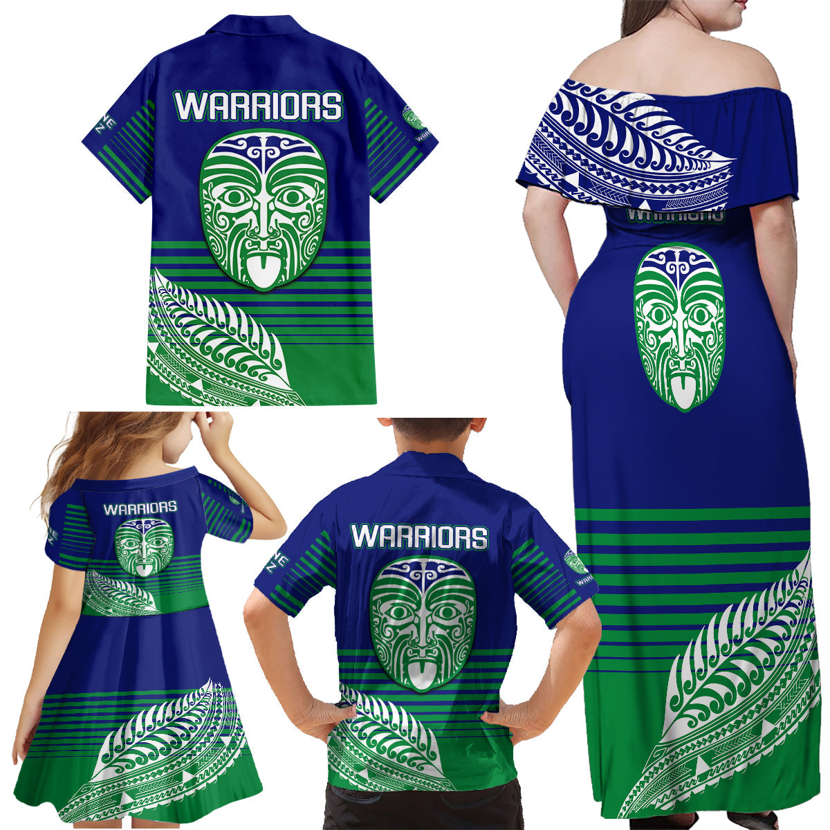 warriors-new-zealand-rugby-family-matching-off-shoulder-maxi-dress-and-hawaiian-shirt-maori-face-ta-moko-simple-style