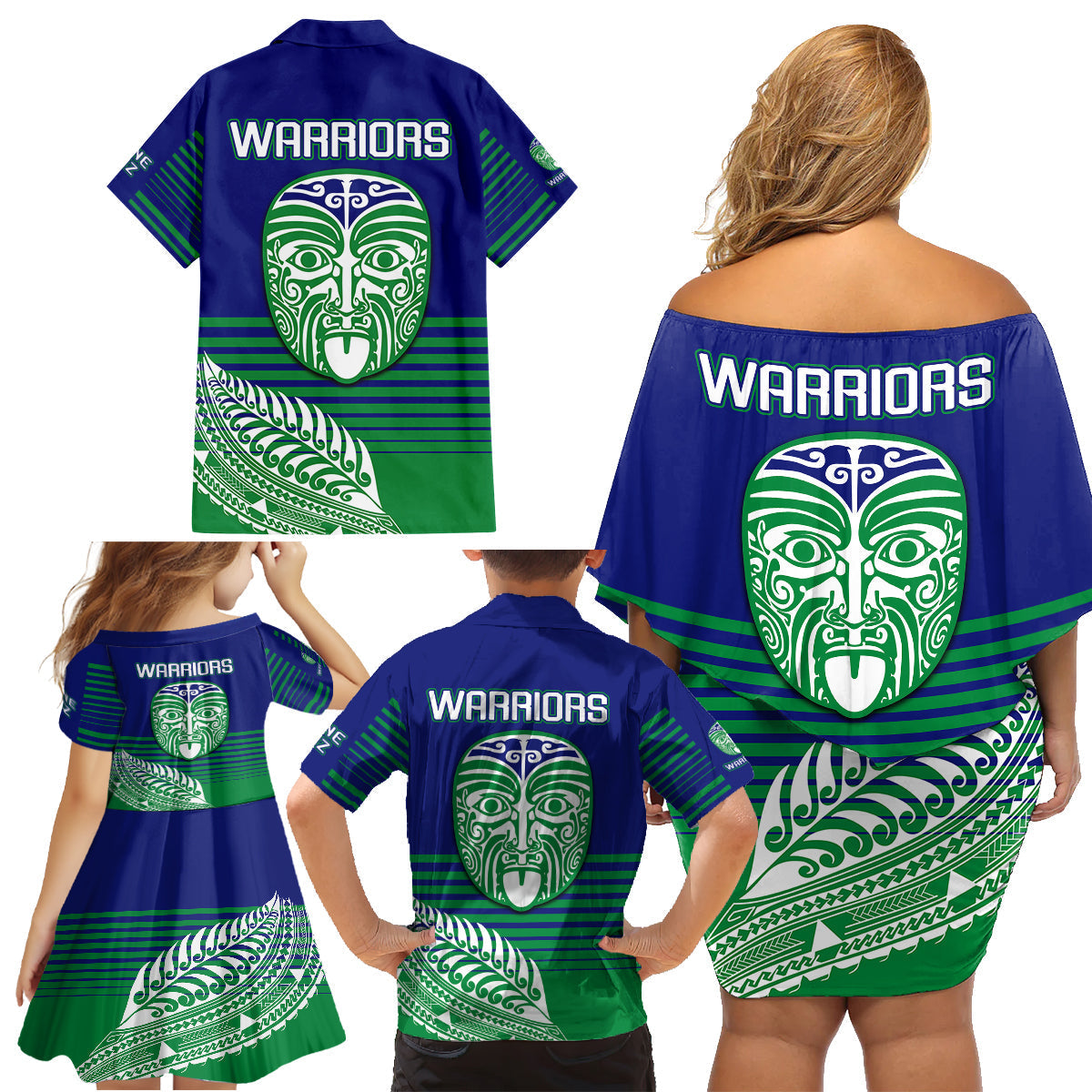 warriors-new-zealand-rugby-family-matching-off-shoulder-short-dress-and-hawaiian-shirt-maori-face-ta-moko-simple-style