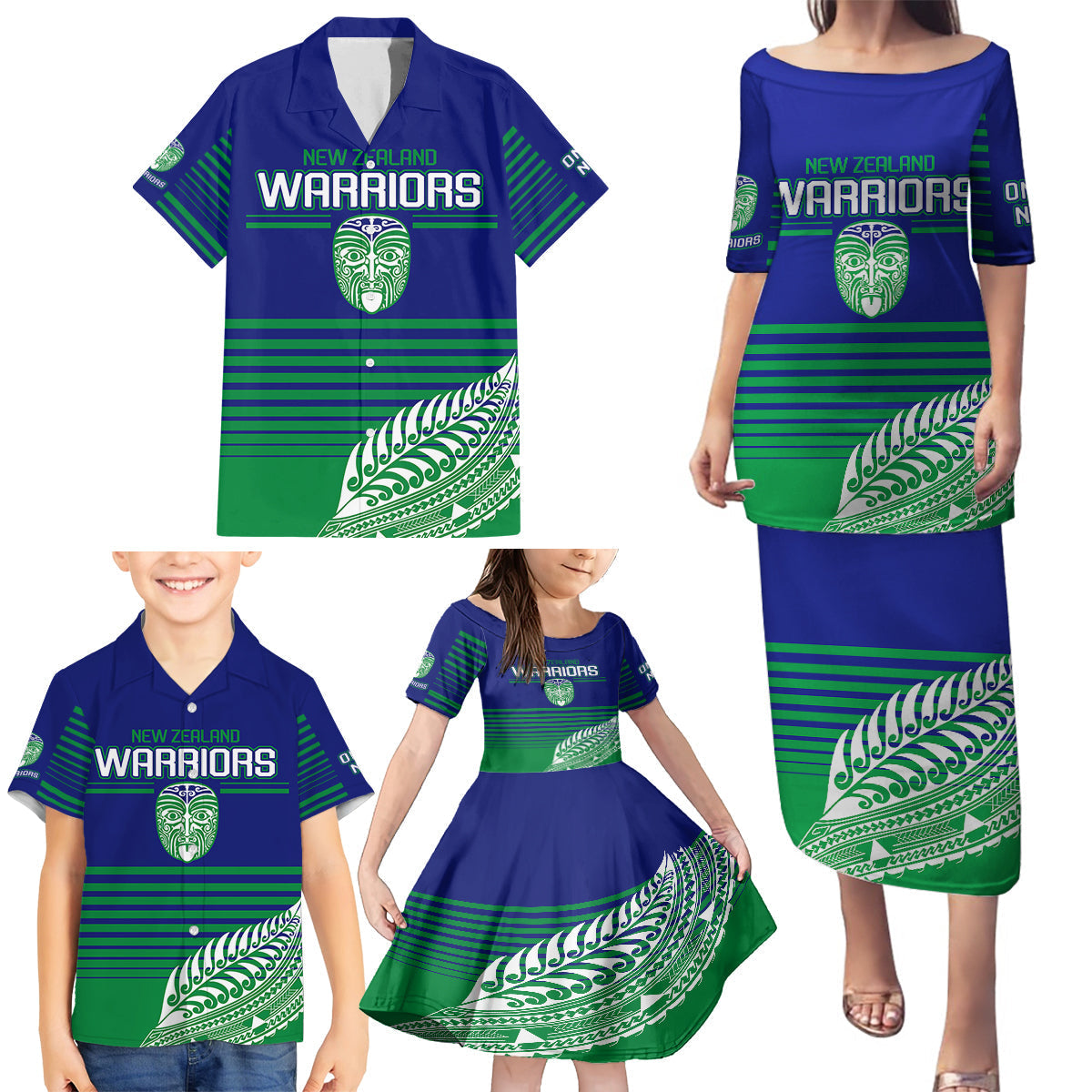 warriors-new-zealand-rugby-family-matching-puletasi-dress-and-hawaiian-shirt-maori-face-ta-moko-simple-style