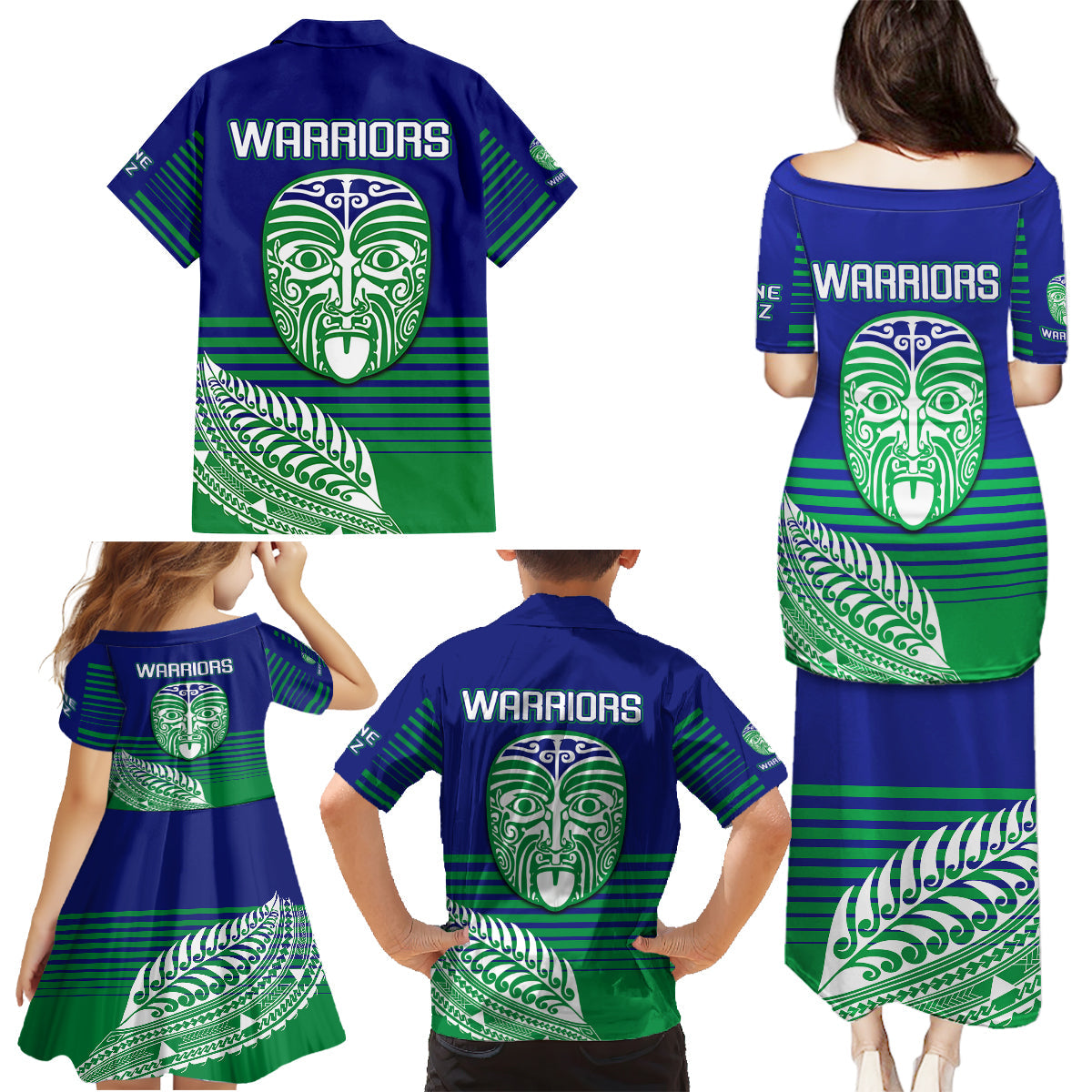 warriors-new-zealand-rugby-family-matching-puletasi-dress-and-hawaiian-shirt-maori-face-ta-moko-simple-style