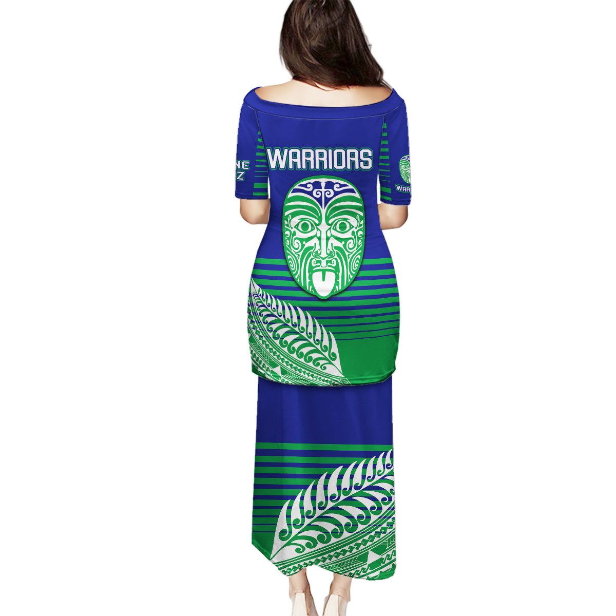 warriors-new-zealand-rugby-family-matching-puletasi-dress-and-hawaiian-shirt-maori-face-ta-moko-simple-style