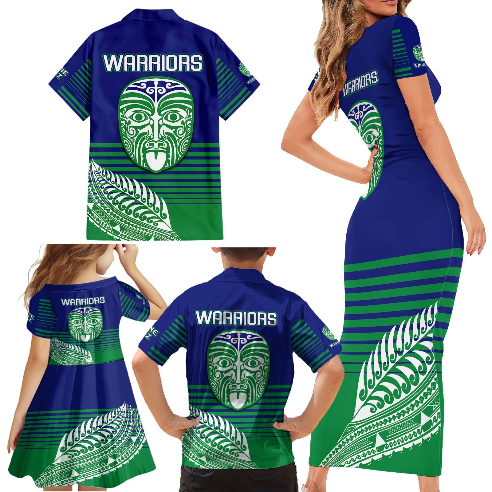 warriors-new-zealand-rugby-family-matching-short-sleeve-bodycon-dress-and-hawaiian-shirt-maori-face-ta-moko-simple-style