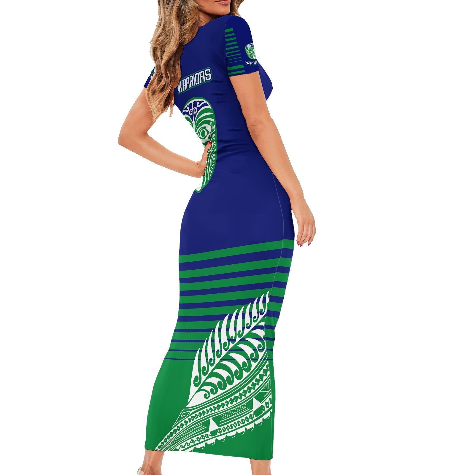 warriors-new-zealand-rugby-family-matching-short-sleeve-bodycon-dress-and-hawaiian-shirt-maori-face-ta-moko-simple-style