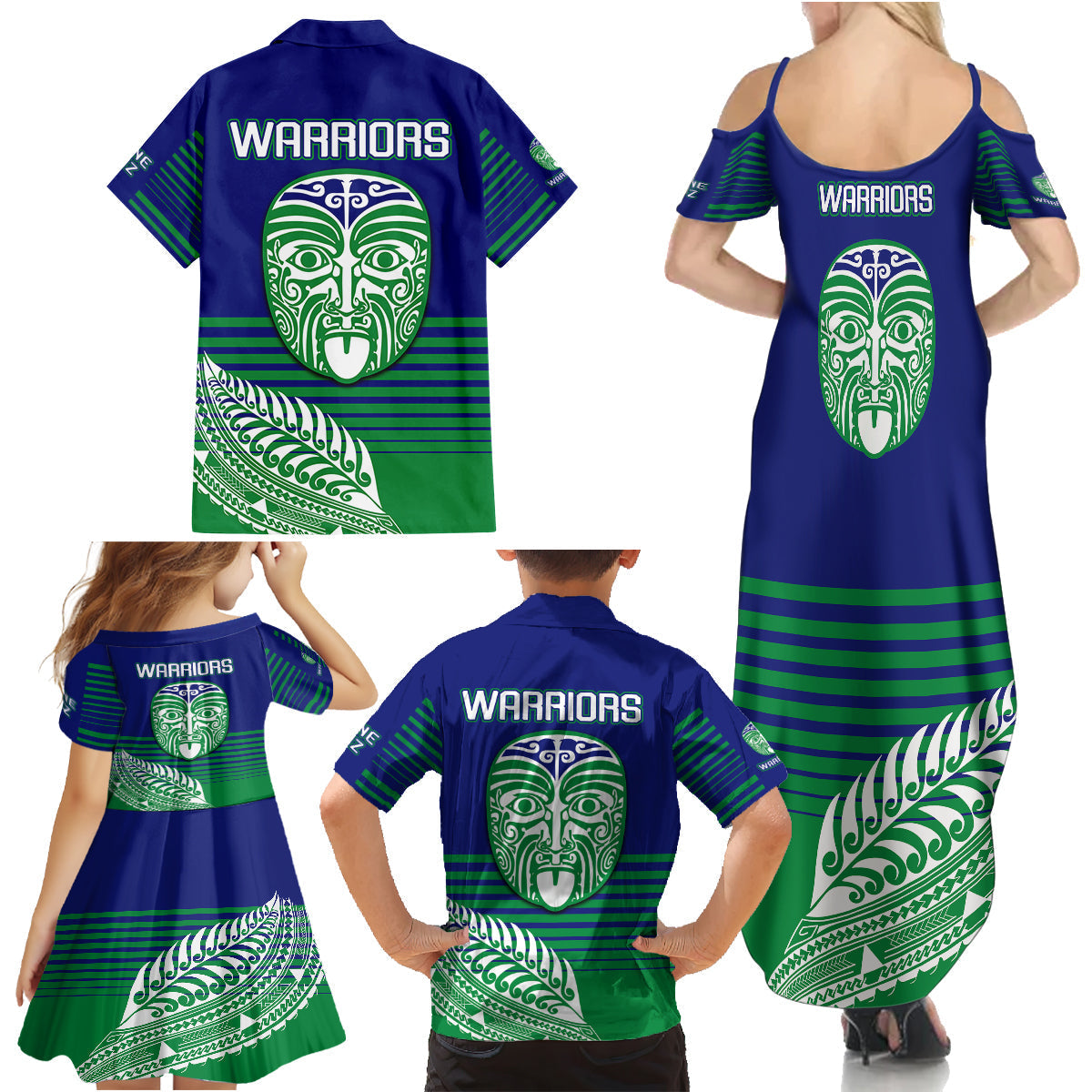 warriors-new-zealand-rugby-family-matching-summer-maxi-dress-and-hawaiian-shirt-maori-face-ta-moko-simple-style