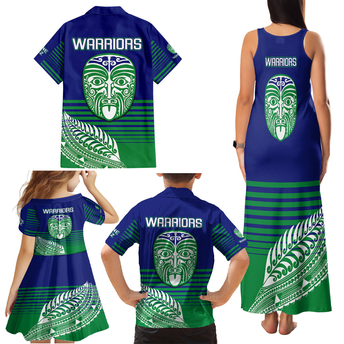 warriors-new-zealand-rugby-family-matching-tank-maxi-dress-and-hawaiian-shirt-maori-face-ta-moko-simple-style