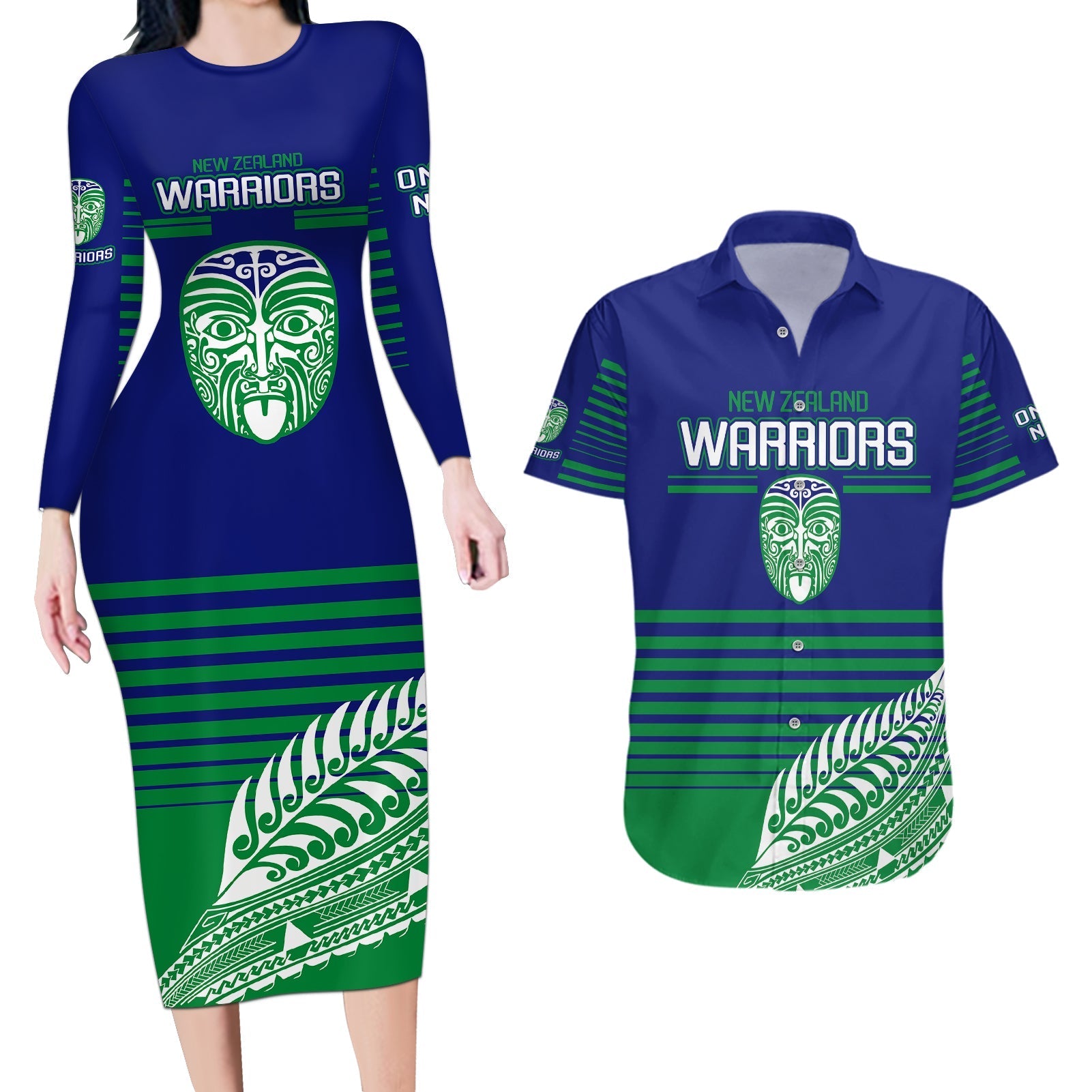 custom-warriors-new-zealand-rugby-couples-matching-long-sleeve-bodycon-dress-and-hawaiian-shirt-maori-face-ta-moko-simple-style