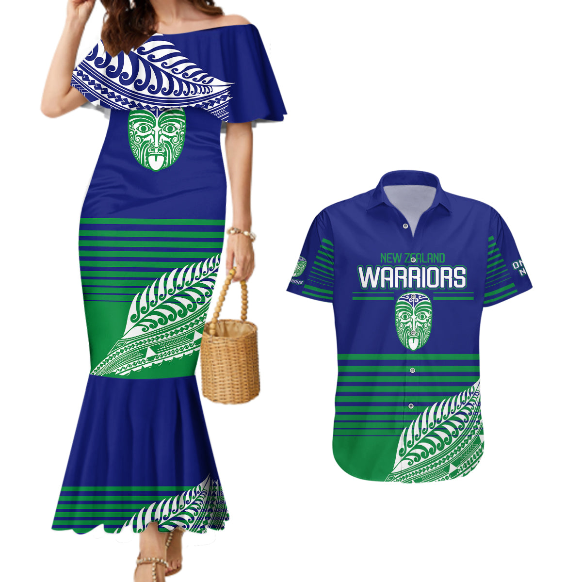 custom-warriors-new-zealand-rugby-couples-matching-mermaid-dress-and-hawaiian-shirt-maori-face-ta-moko-simple-style