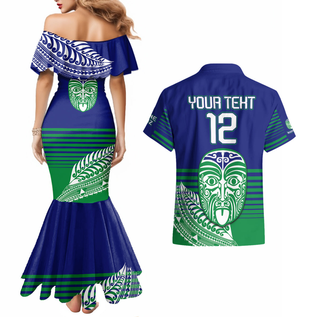 custom-warriors-new-zealand-rugby-couples-matching-mermaid-dress-and-hawaiian-shirt-maori-face-ta-moko-simple-style