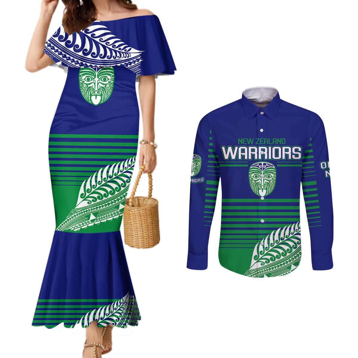 custom-warriors-new-zealand-rugby-couples-matching-mermaid-dress-and-long-sleeve-button-shirts-maori-face-ta-moko-simple-style