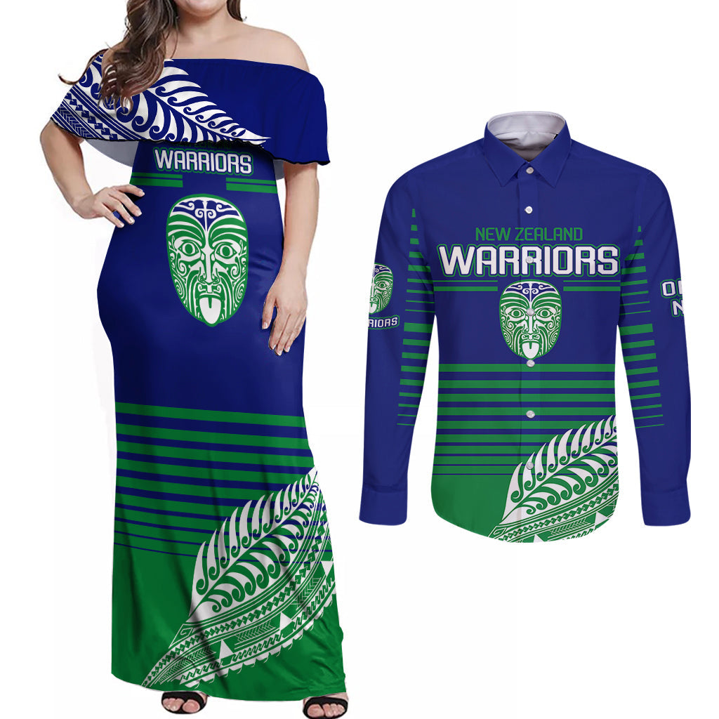 custom-warriors-new-zealand-rugby-couples-matching-off-shoulder-maxi-dress-and-long-sleeve-button-shirts-maori-face-ta-moko-simple-style