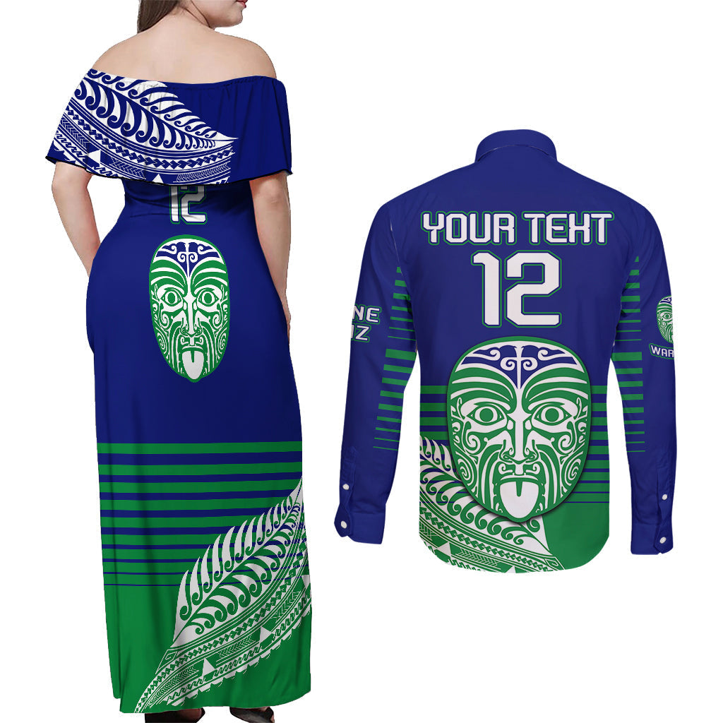 custom-warriors-new-zealand-rugby-couples-matching-off-shoulder-maxi-dress-and-long-sleeve-button-shirts-maori-face-ta-moko-simple-style