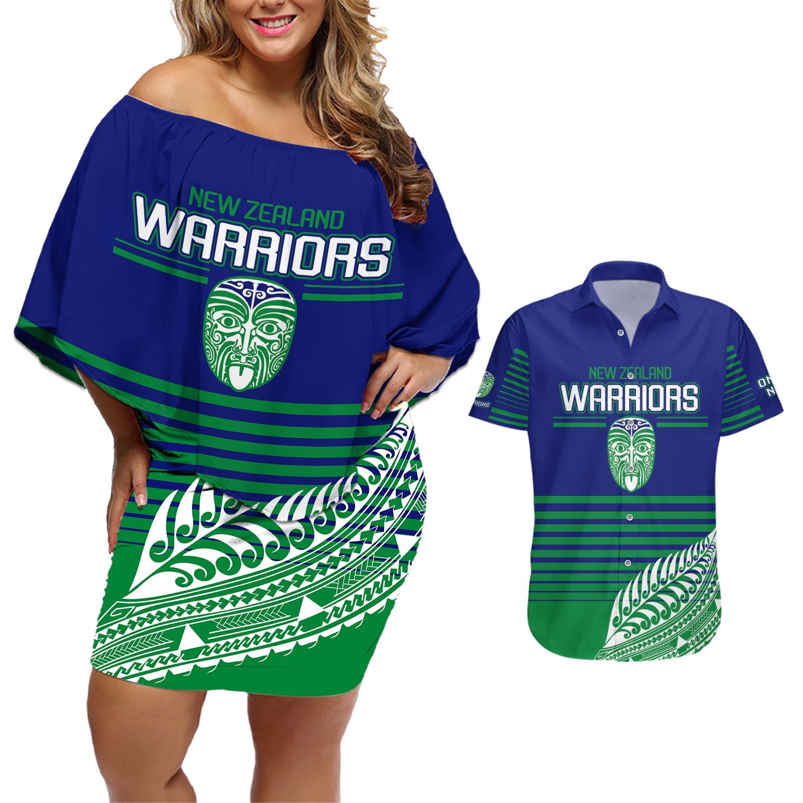 custom-warriors-new-zealand-rugby-couples-matching-off-shoulder-short-dress-and-hawaiian-shirt-maori-face-ta-moko-simple-style