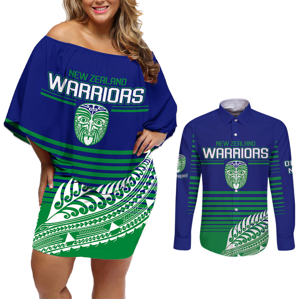 custom-warriors-new-zealand-rugby-couples-matching-off-shoulder-short-dress-and-long-sleeve-button-shirts-maori-face-ta-moko-simple-style