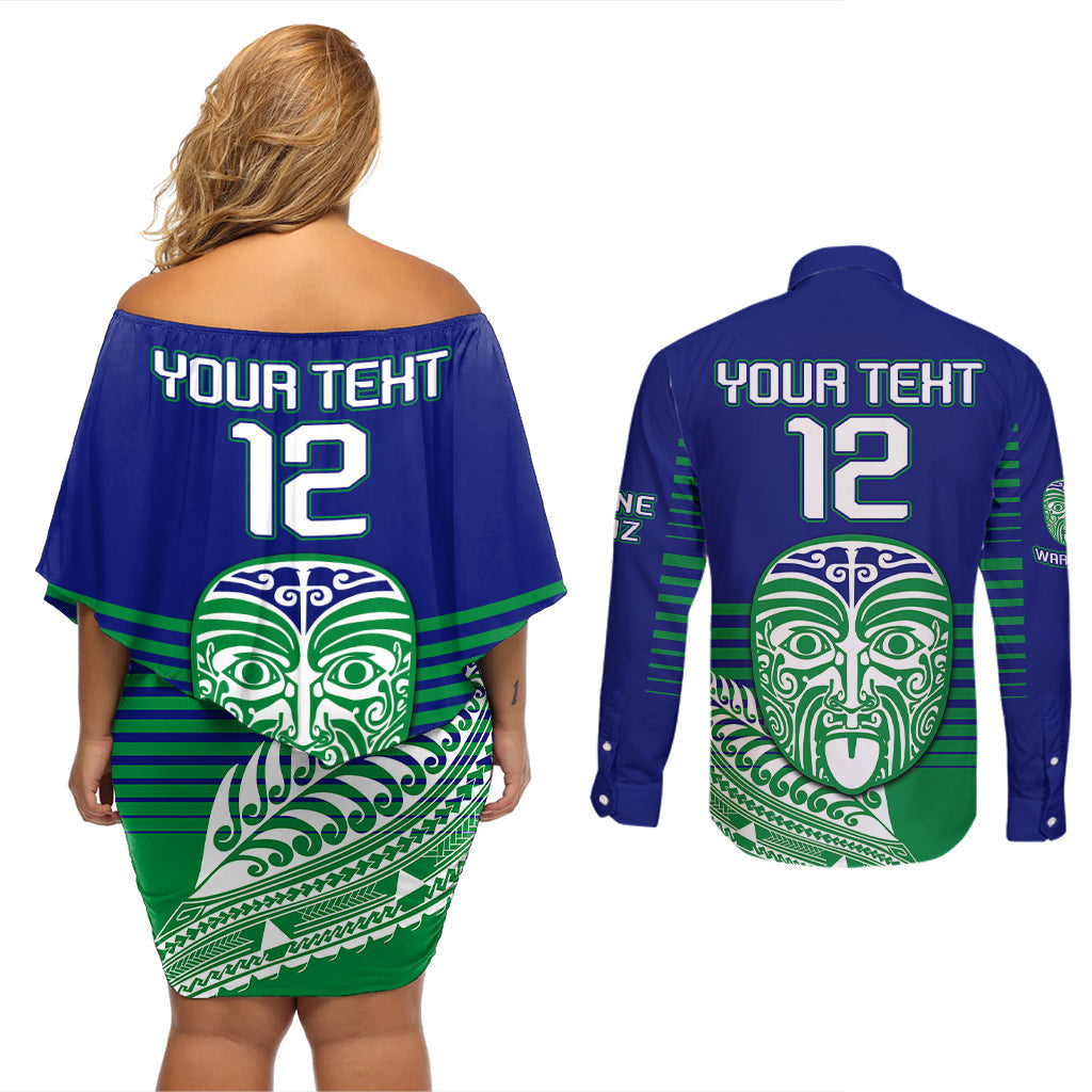 custom-warriors-new-zealand-rugby-couples-matching-off-shoulder-short-dress-and-long-sleeve-button-shirts-maori-face-ta-moko-simple-style