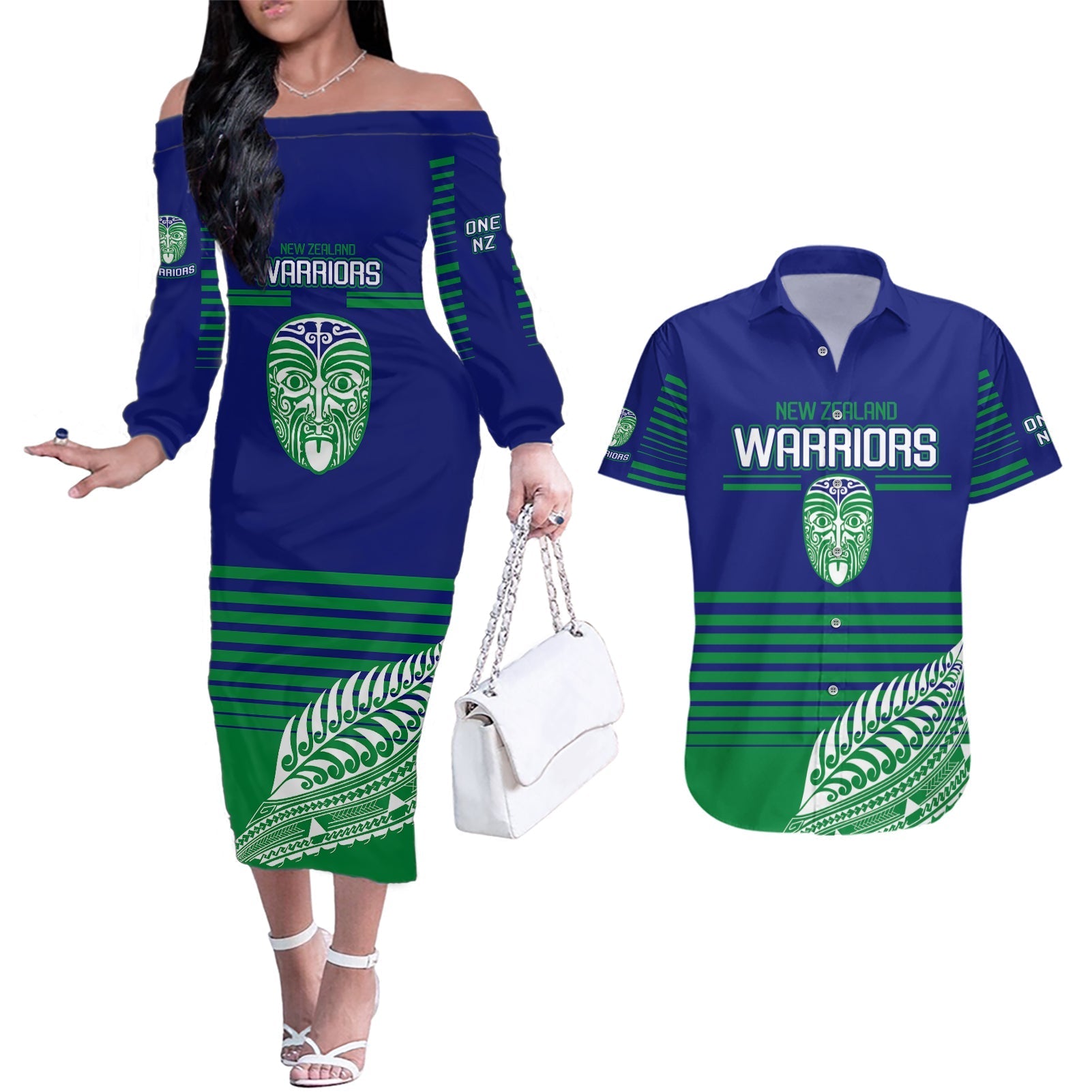 custom-warriors-new-zealand-rugby-couples-matching-off-the-shoulder-long-sleeve-dress-and-hawaiian-shirt-maori-face-ta-moko-simple-style