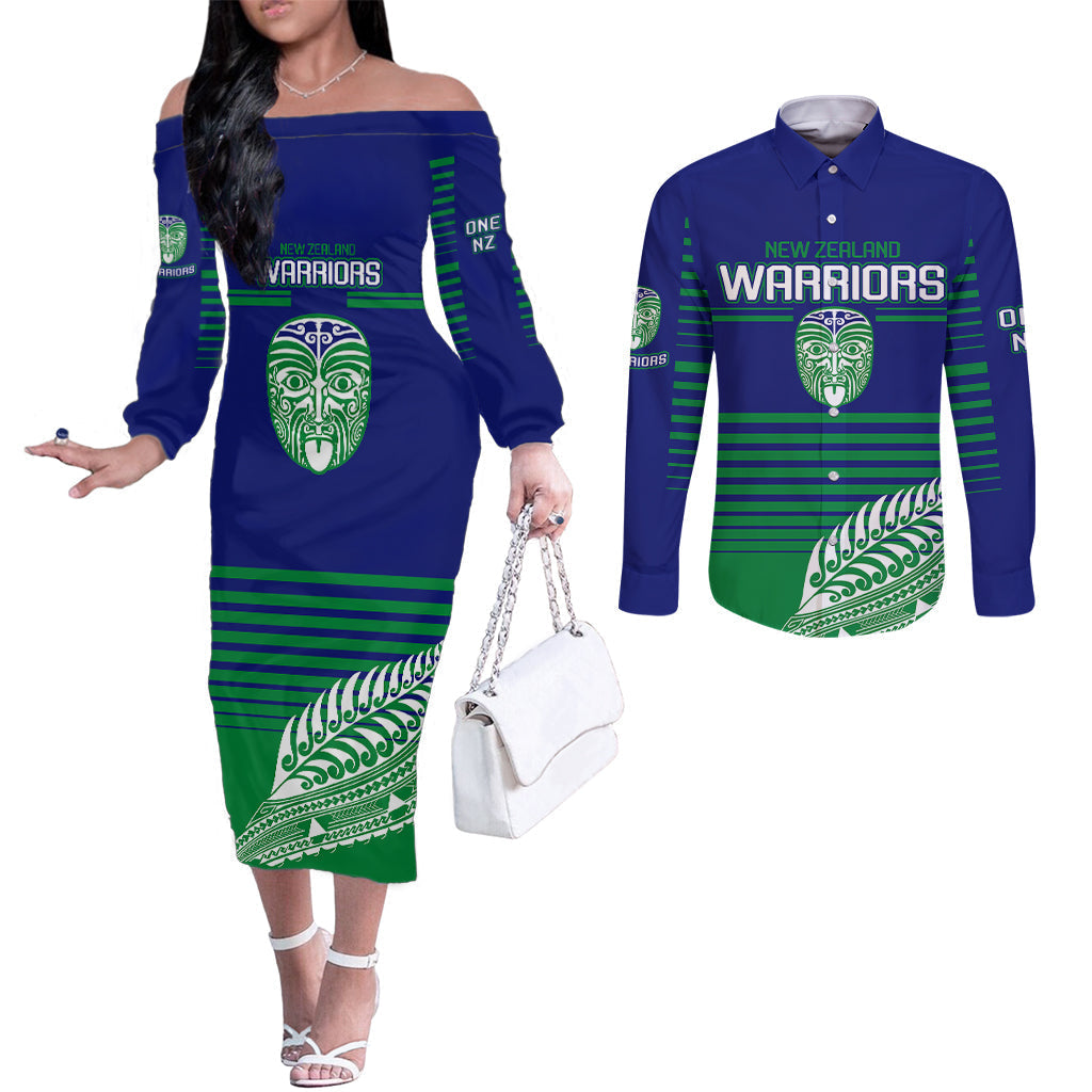 custom-warriors-new-zealand-rugby-couples-matching-off-the-shoulder-long-sleeve-dress-and-long-sleeve-button-shirts-maori-face-ta-moko-simple-style