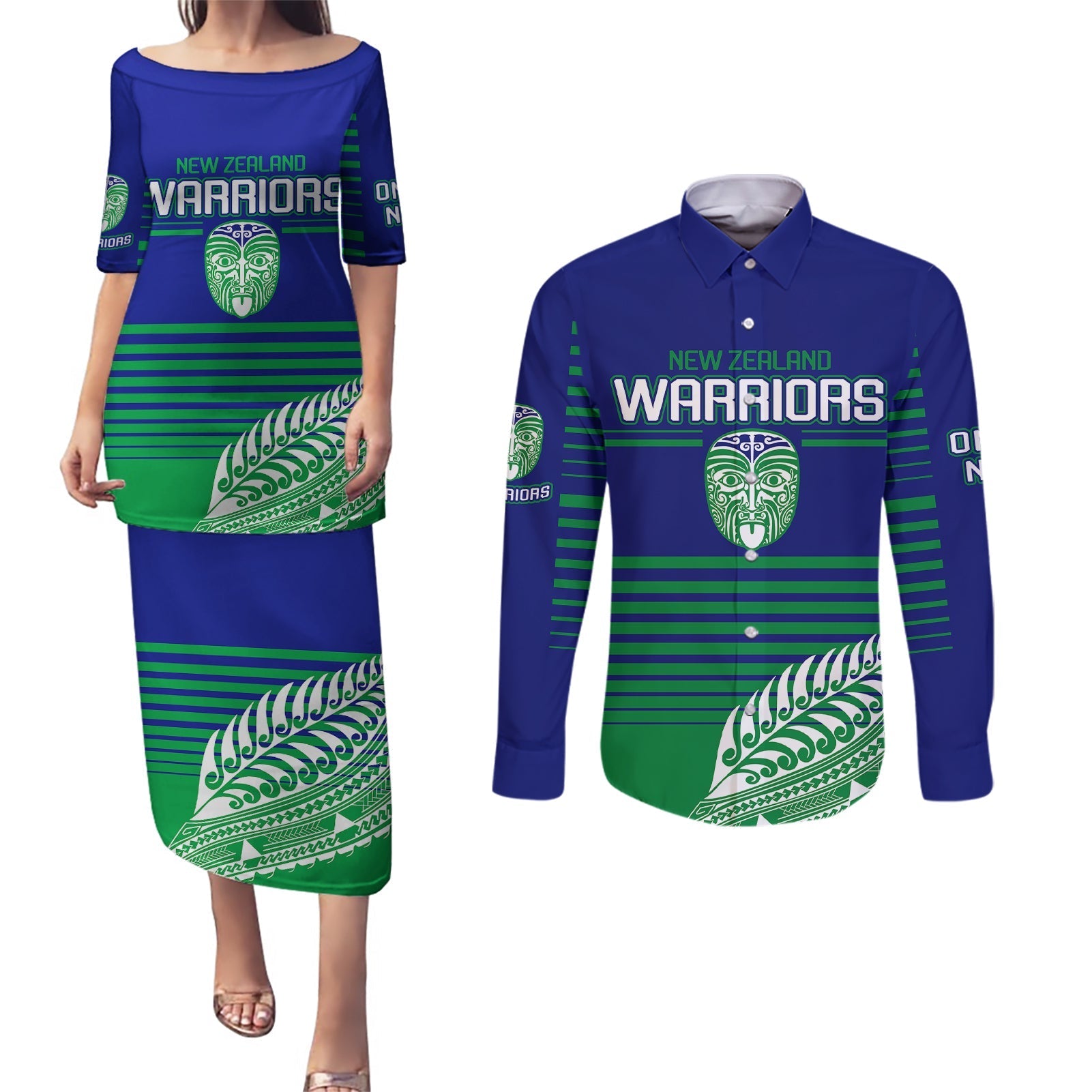 custom-warriors-new-zealand-rugby-couples-matching-puletasi-dress-and-long-sleeve-button-shirts-maori-face-ta-moko-simple-style