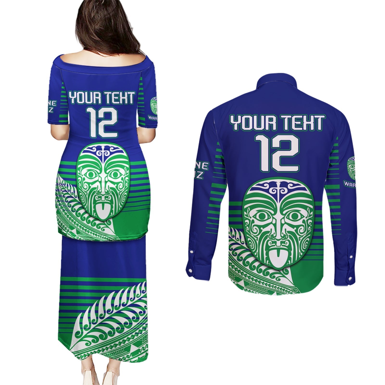 custom-warriors-new-zealand-rugby-couples-matching-puletasi-dress-and-long-sleeve-button-shirts-maori-face-ta-moko-simple-style