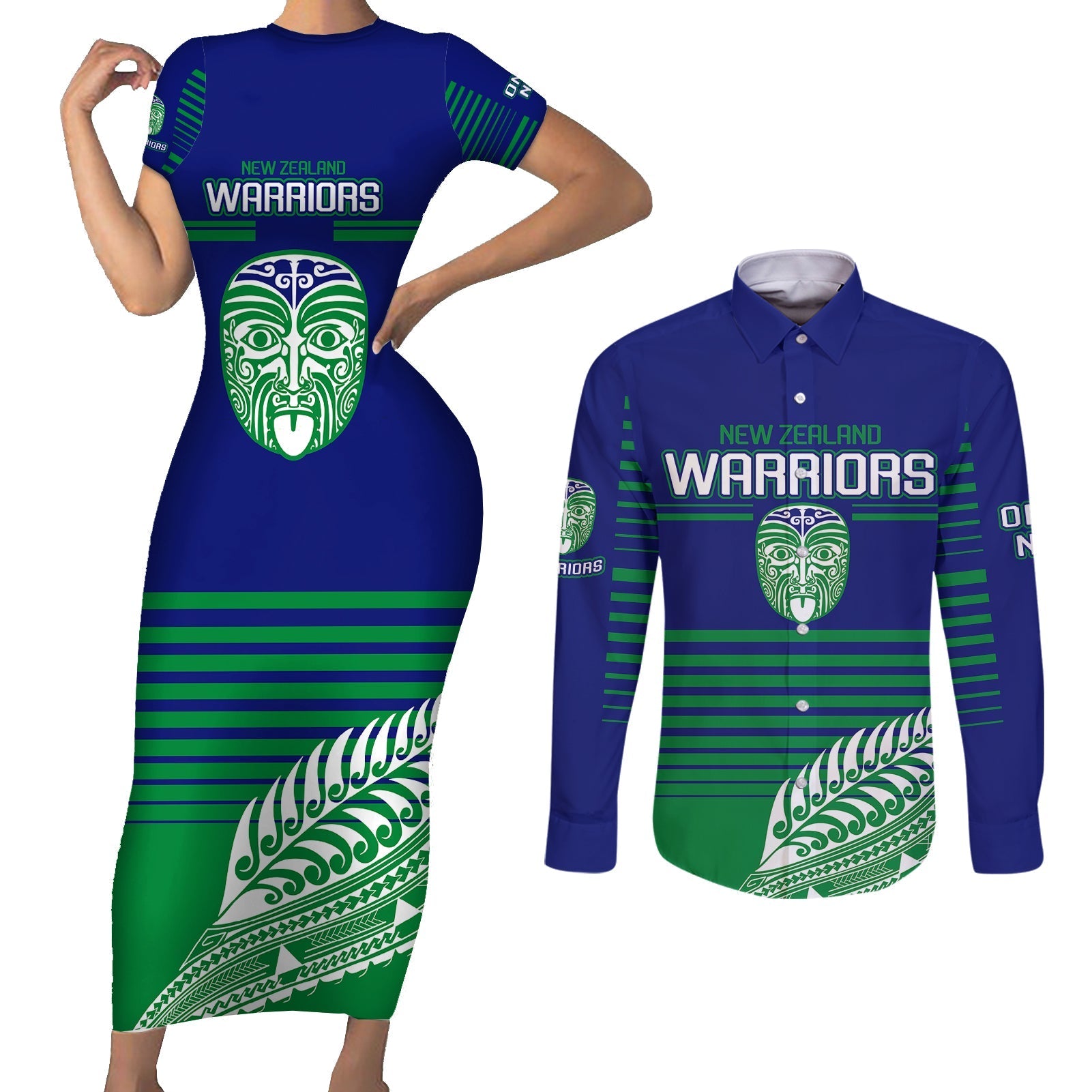 custom-warriors-new-zealand-rugby-couples-matching-short-sleeve-bodycon-dress-and-long-sleeve-button-shirts-maori-face-ta-moko-simple-style