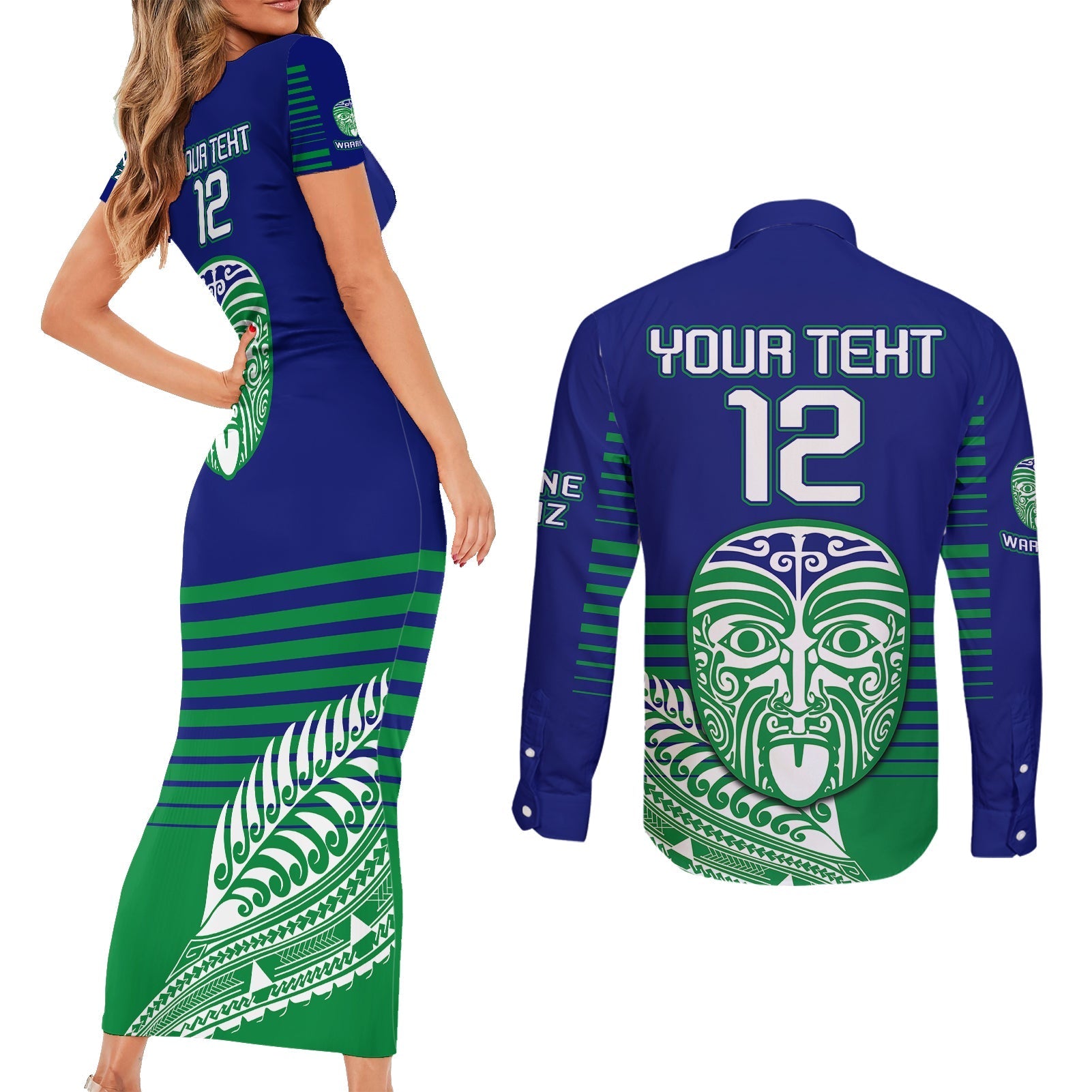 custom-warriors-new-zealand-rugby-couples-matching-short-sleeve-bodycon-dress-and-long-sleeve-button-shirts-maori-face-ta-moko-simple-style