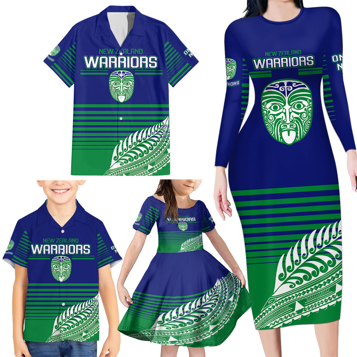 custom-warriors-new-zealand-rugby-family-matching-long-sleeve-bodycon-dress-and-hawaiian-shirt-maori-face-ta-moko-simple-style