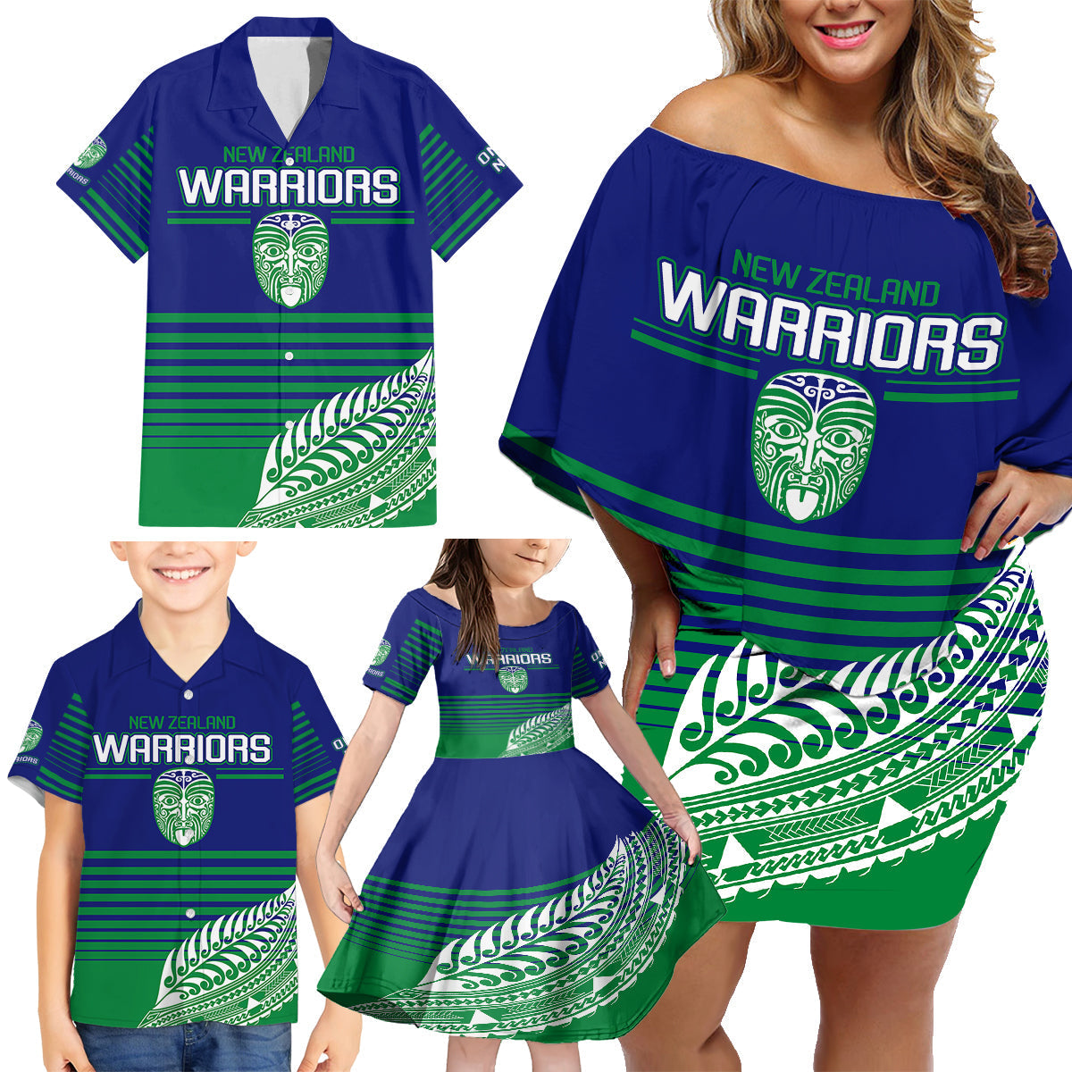 custom-warriors-new-zealand-rugby-family-matching-off-shoulder-short-dress-and-hawaiian-shirt-maori-face-ta-moko-simple-style