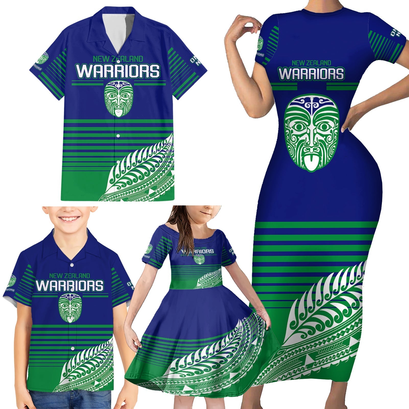custom-warriors-new-zealand-rugby-family-matching-short-sleeve-bodycon-dress-and-hawaiian-shirt-maori-face-ta-moko-simple-style