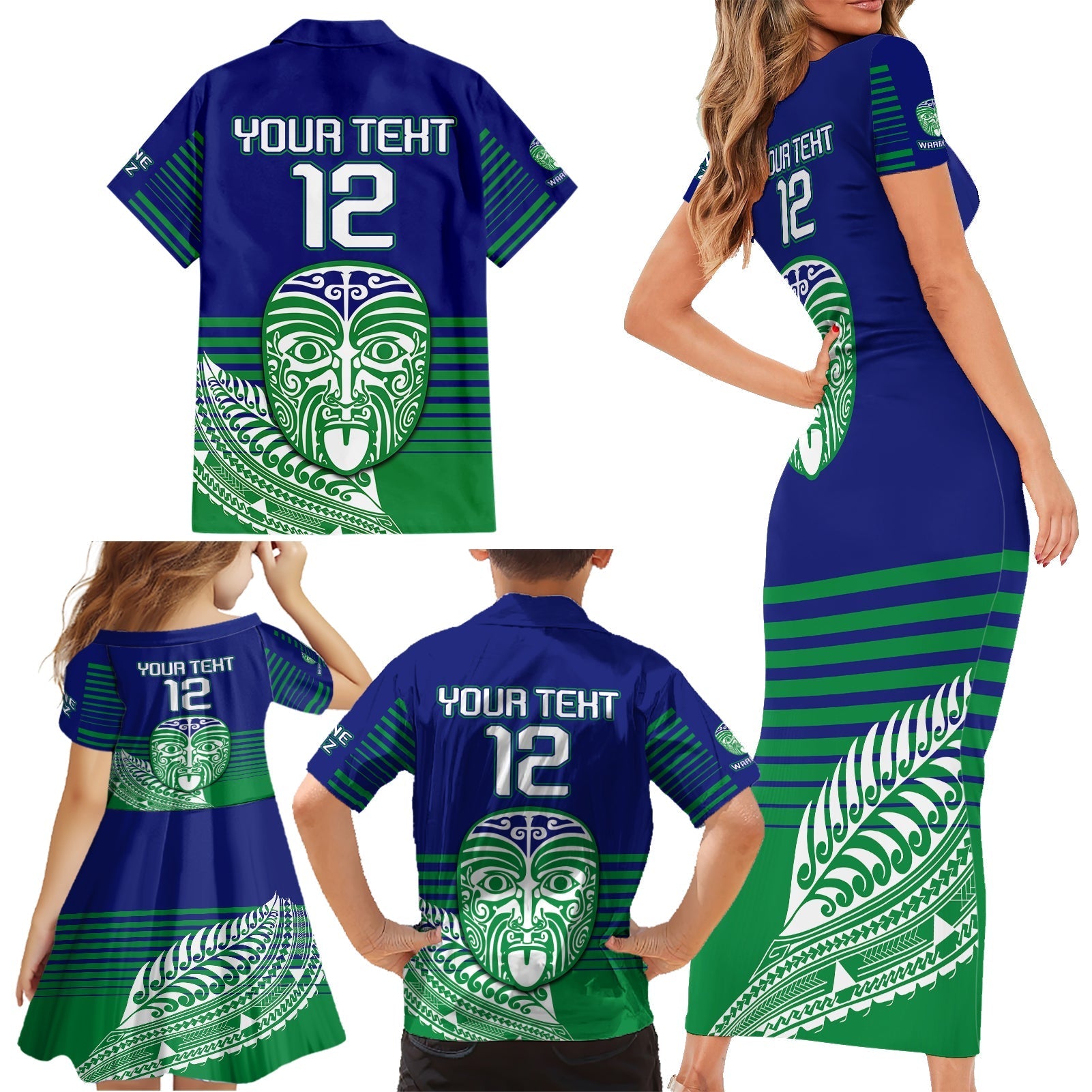 custom-warriors-new-zealand-rugby-family-matching-short-sleeve-bodycon-dress-and-hawaiian-shirt-maori-face-ta-moko-simple-style