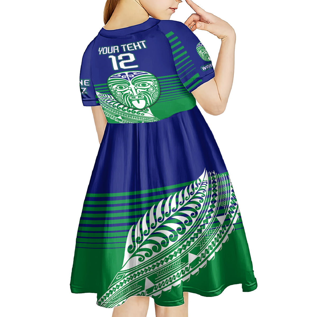 custom-warriors-new-zealand-rugby-kid-short-sleeve-dress-maori-face-ta-moko-simple-style