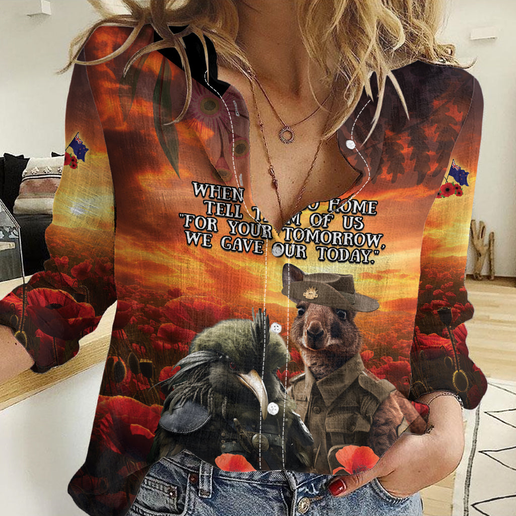 Kangaroo and Kiwi Soldier ANZAC Women Casual Shirt The Last War Memorial - Vibe Hoodie Shop