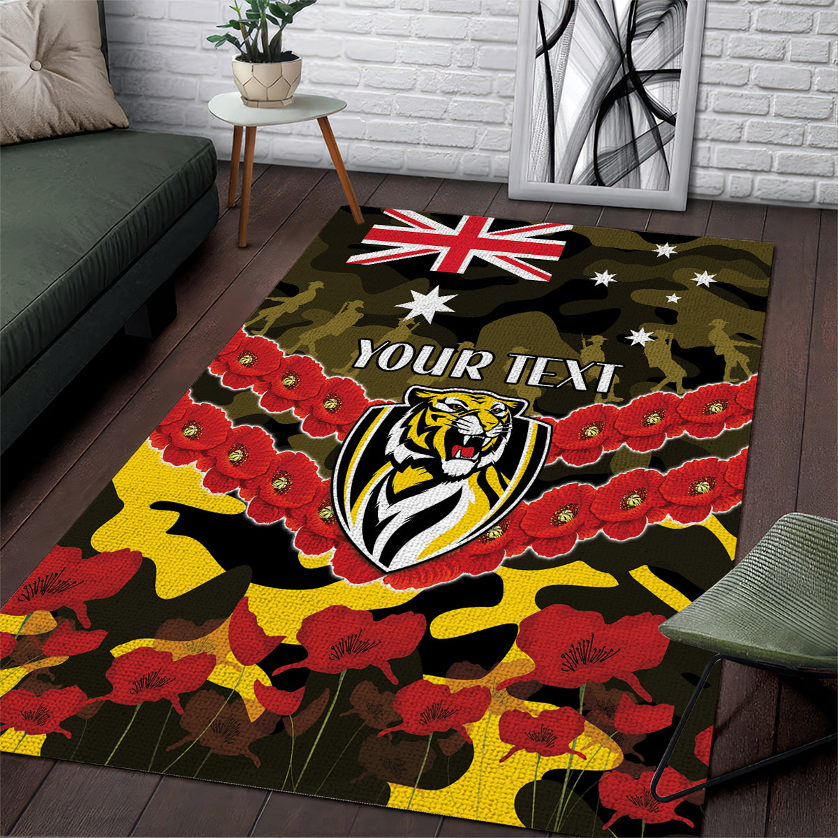 Custom Richmond Tigers Football Area Rug ANZAC Lest We Forget - Vibe Hoodie Shop