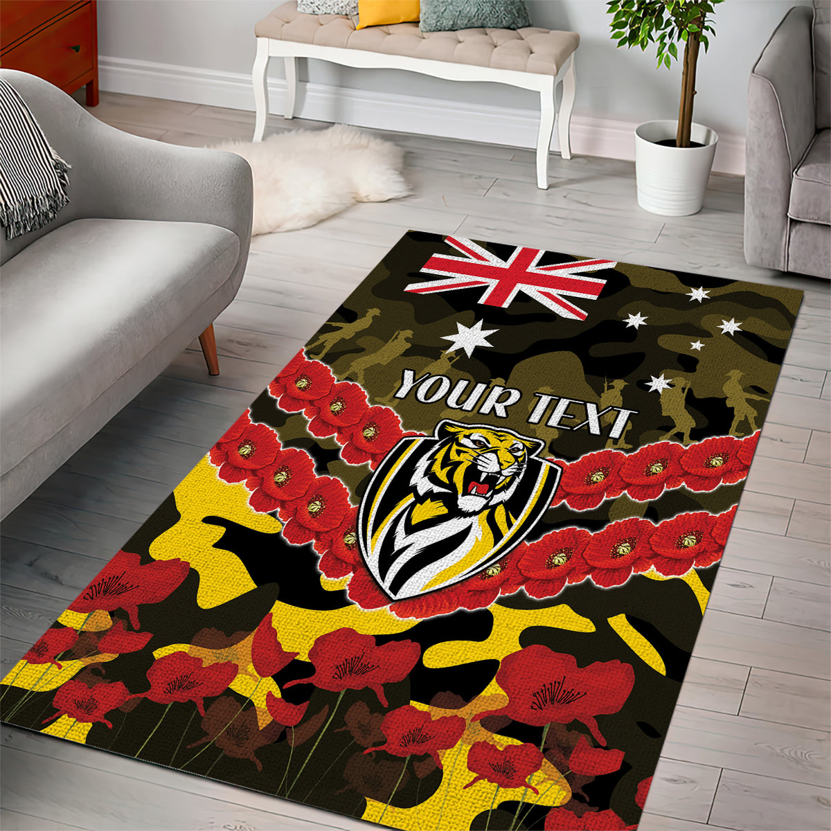 Custom Richmond Tigers Football Area Rug ANZAC Lest We Forget - Vibe Hoodie Shop