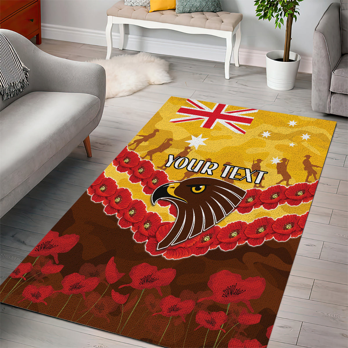 Custom Hawks Football Area Rug ANZAC Lest We Forget - Vibe Hoodie Shop