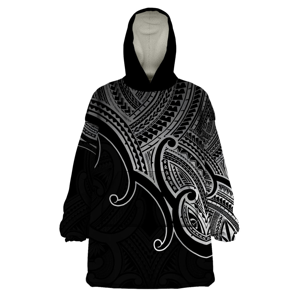 Aotearoa Maori Koru Wearable Blanket Hoodie Polynesian Pacific Tribal - Black - Vibe Hoodie Shop