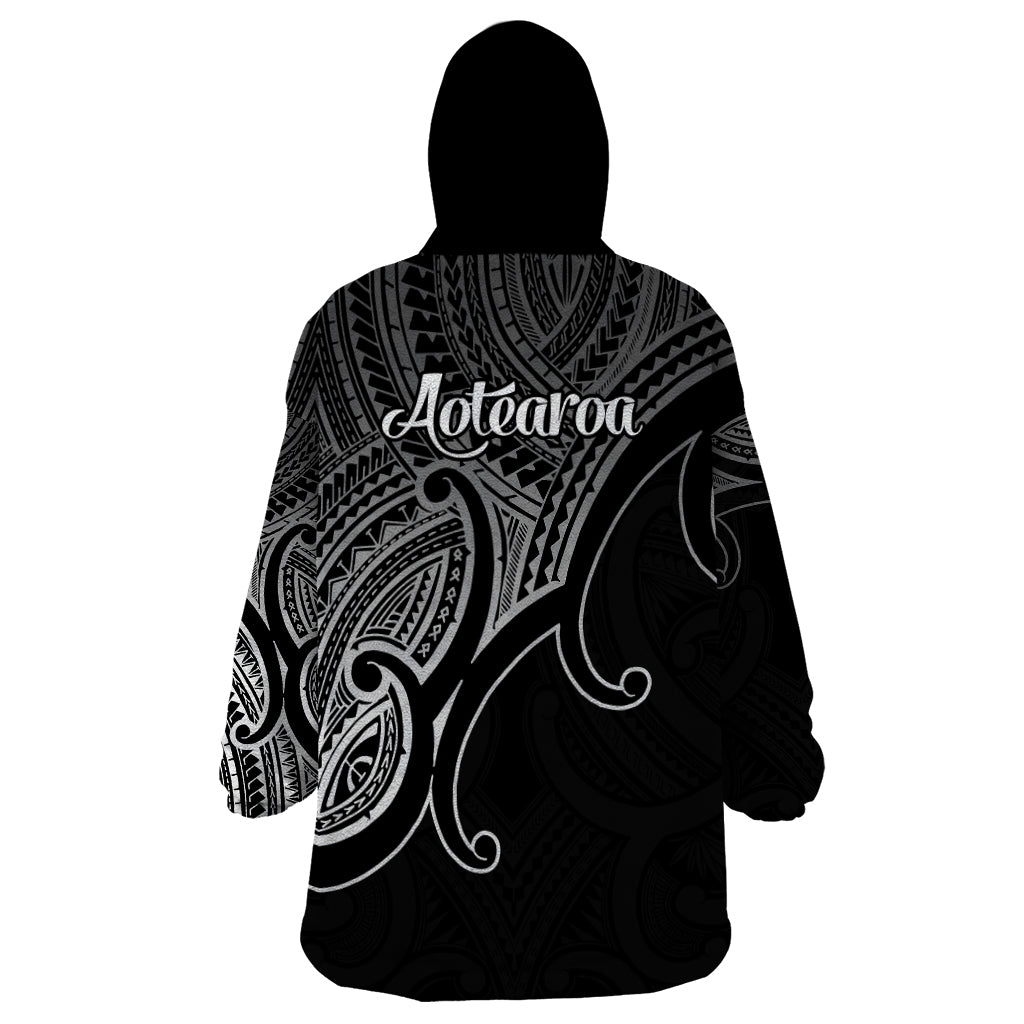 Aotearoa Maori Koru Wearable Blanket Hoodie Polynesian Pacific Tribal - Black - Vibe Hoodie Shop