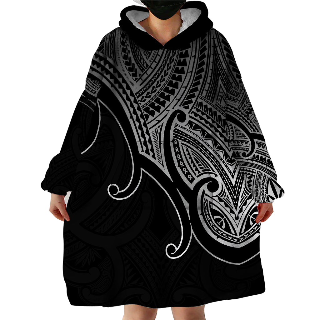 Aotearoa Maori Koru Wearable Blanket Hoodie Polynesian Pacific Tribal - Black - Vibe Hoodie Shop