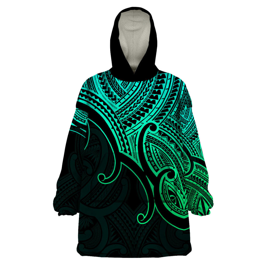 Aotearoa Maori Koru Wearable Blanket Hoodie Polynesian Pacific Tribal - Green - Vibe Hoodie Shop