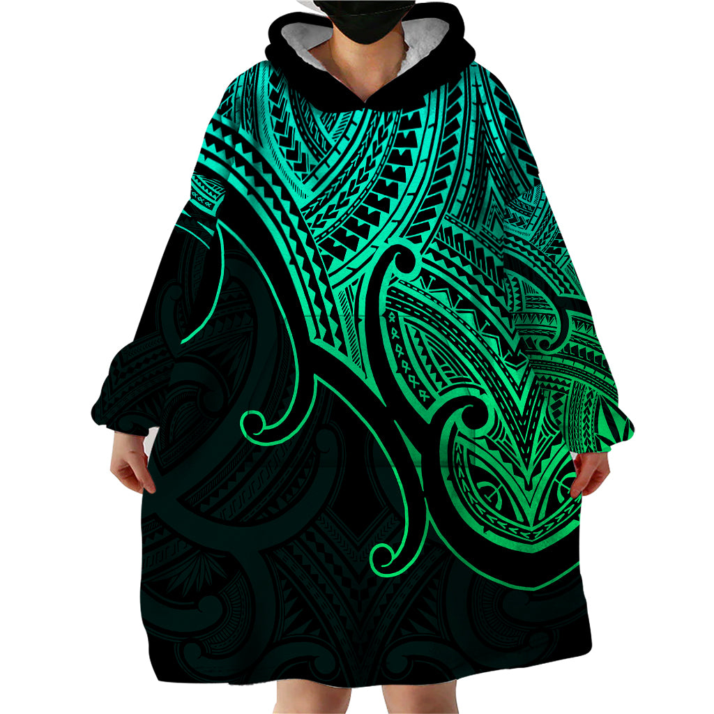 Aotearoa Maori Koru Wearable Blanket Hoodie Polynesian Pacific Tribal - Green - Vibe Hoodie Shop