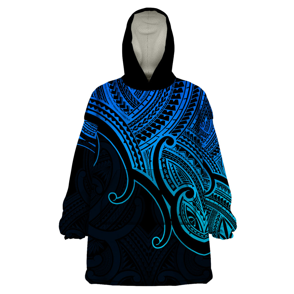 Custom Aotearoa Maori Koru Wearable Blanket Hoodie Polynesian Pacific Tribal - Blue - Vibe Hoodie Shop