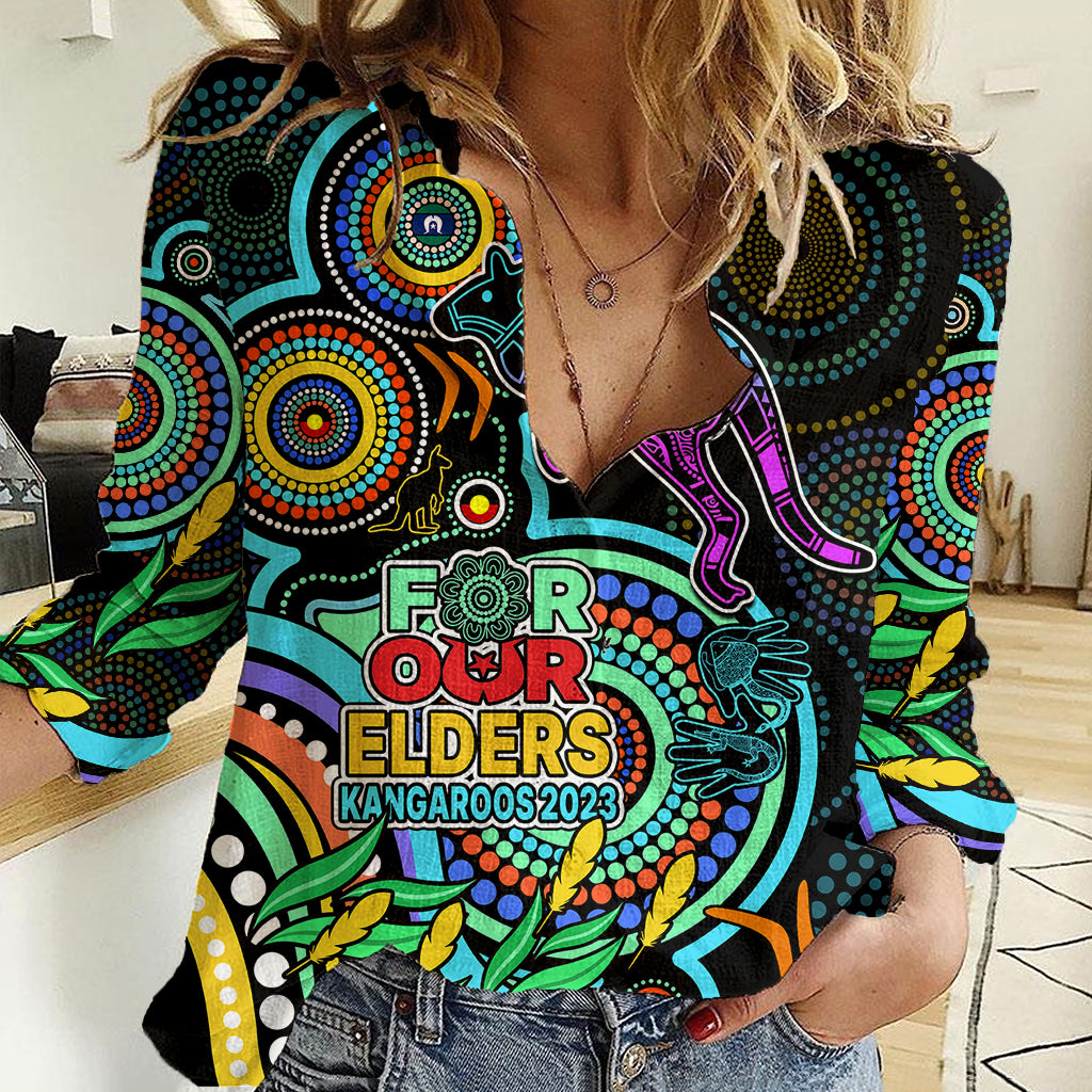 Custom Kangaroos Football Aboriginal Art Women Casual Shirt NAIDOC Indigenous Tribal - Vibe Hoodie Shop