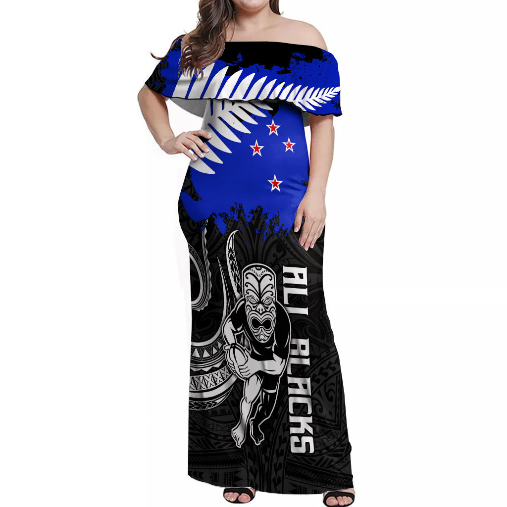 Aotearoa Rugby Off Shoulder Maxi Dress All Black Maori Fern - Vibe Hoodie Shop