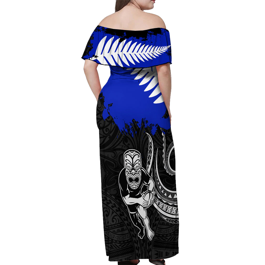 Aotearoa Rugby Off Shoulder Maxi Dress All Black Maori Fern - Vibe Hoodie Shop