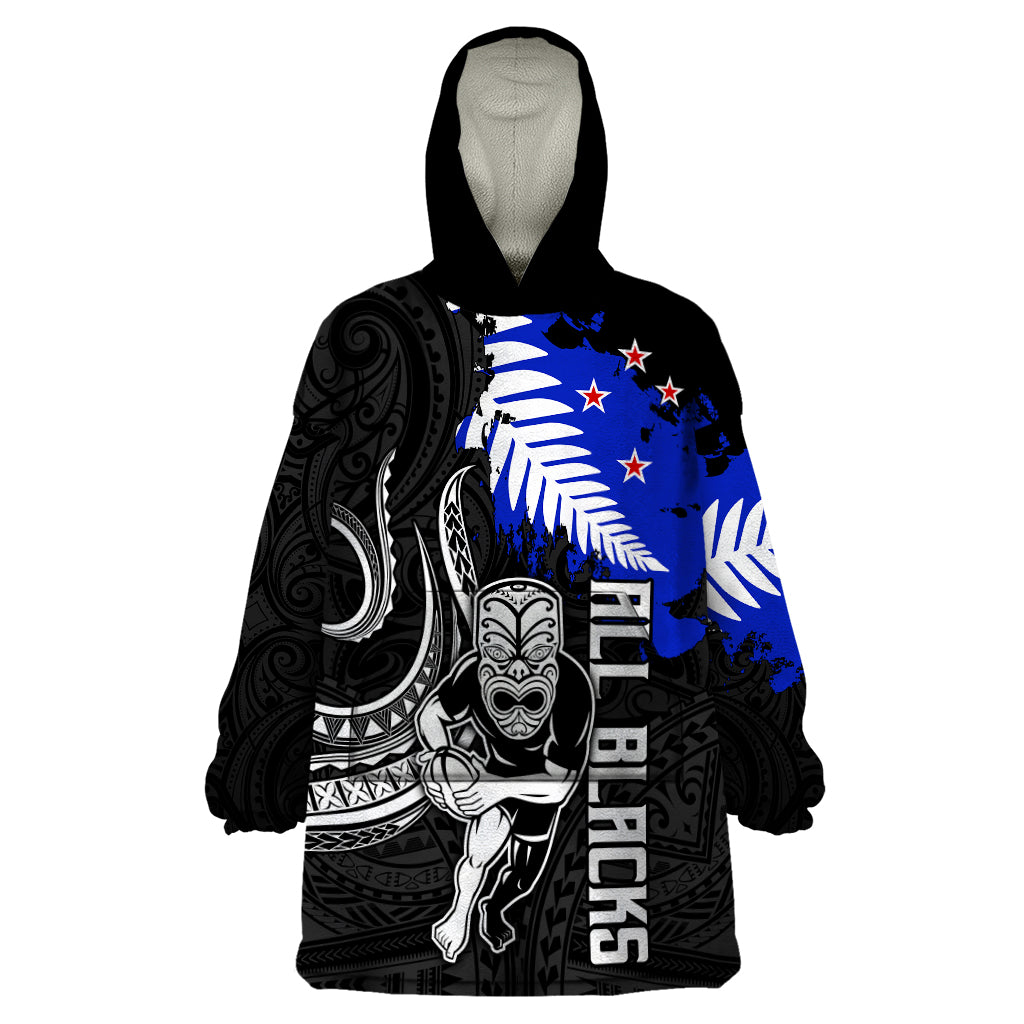 Aotearoa Rugby Wearable Blanket Hoodie All Black Maori Fern - Vibe Hoodie Shop