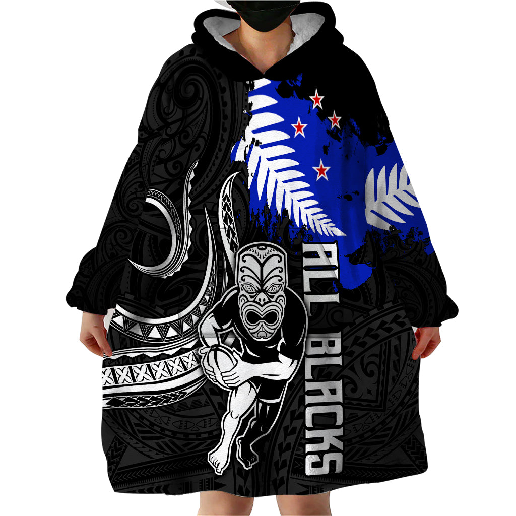 Aotearoa Rugby Wearable Blanket Hoodie All Black Maori Fern - Vibe Hoodie Shop