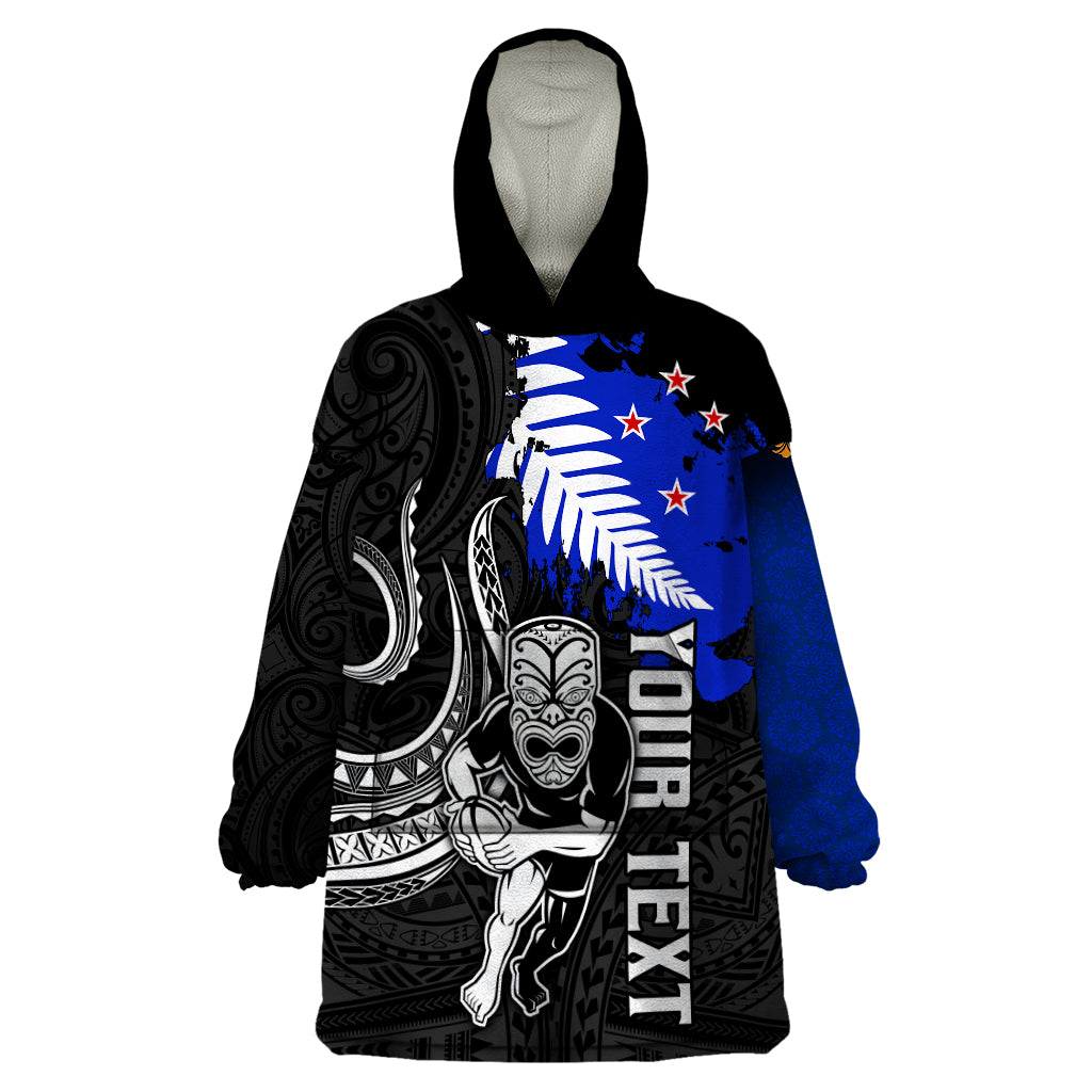 Personalised Aotearoa Rugby Wearable Blanket Hoodie All Black Maori Fern - Vibe Hoodie Shop